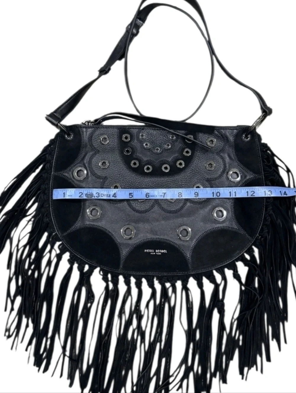 Henri Bendel Dylan Black Fringe Leather Hobo Rivet Crossbody Bag + Dustbag